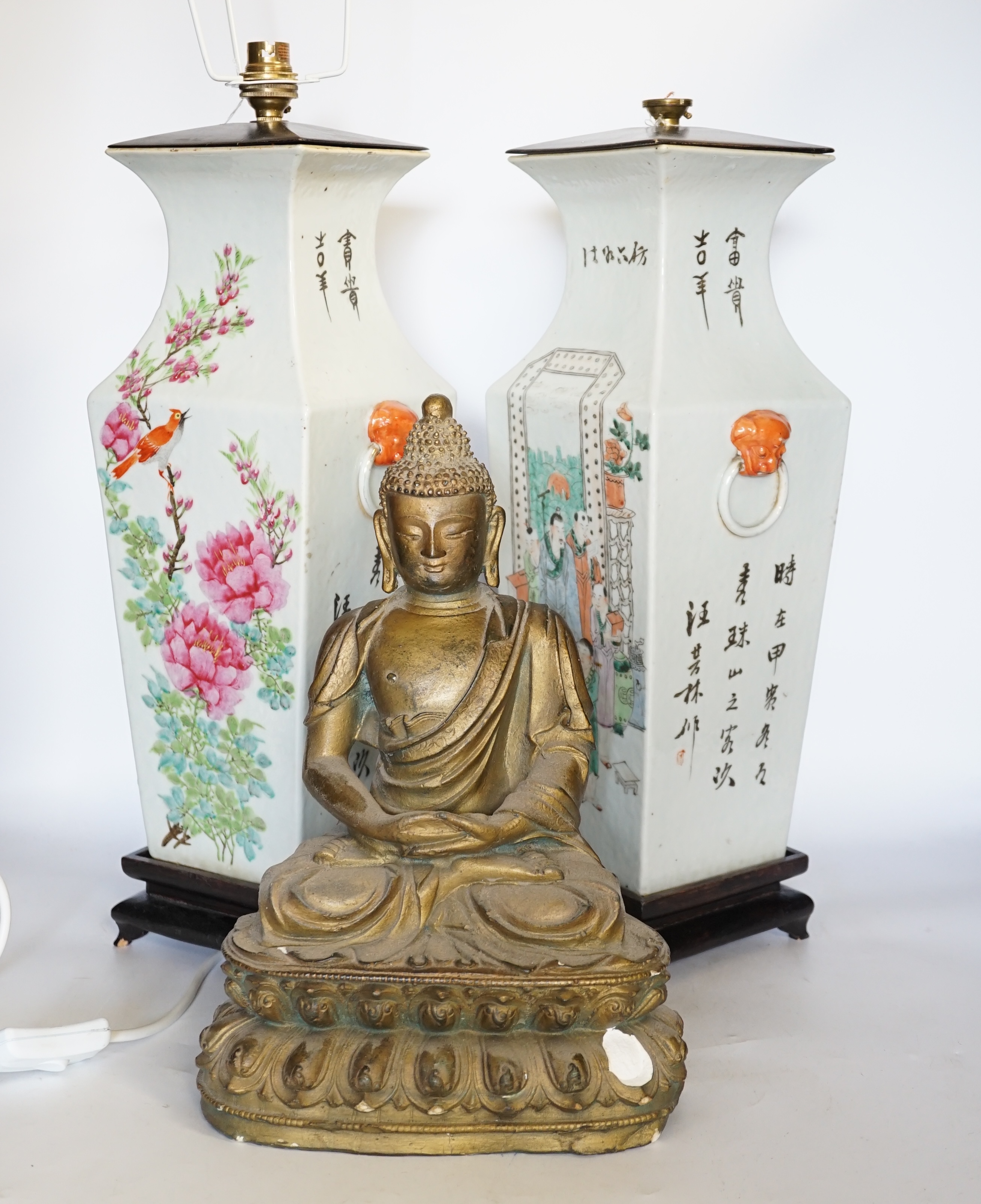 A pair of early 20th century Chinese famille rose vases, mounted as lamps and a plaster model of a Buddha, vases 46cm